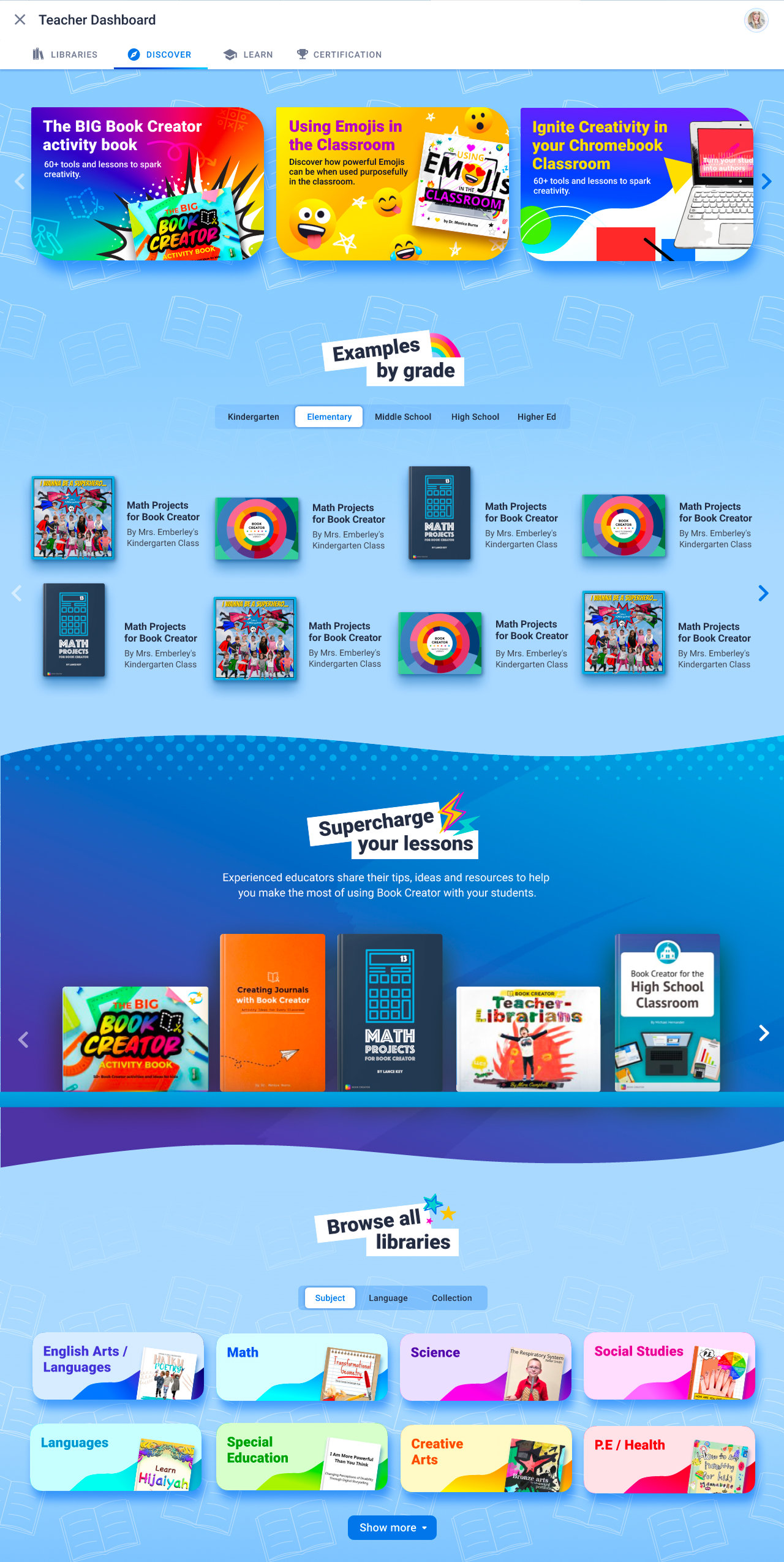 The original Discover page — no search or filtering, inconsistent sections, content difficult to browse