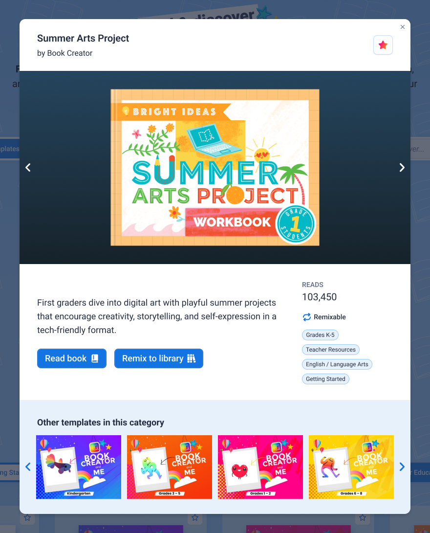 The preview modal — showing book details and a clear path to remix before committing