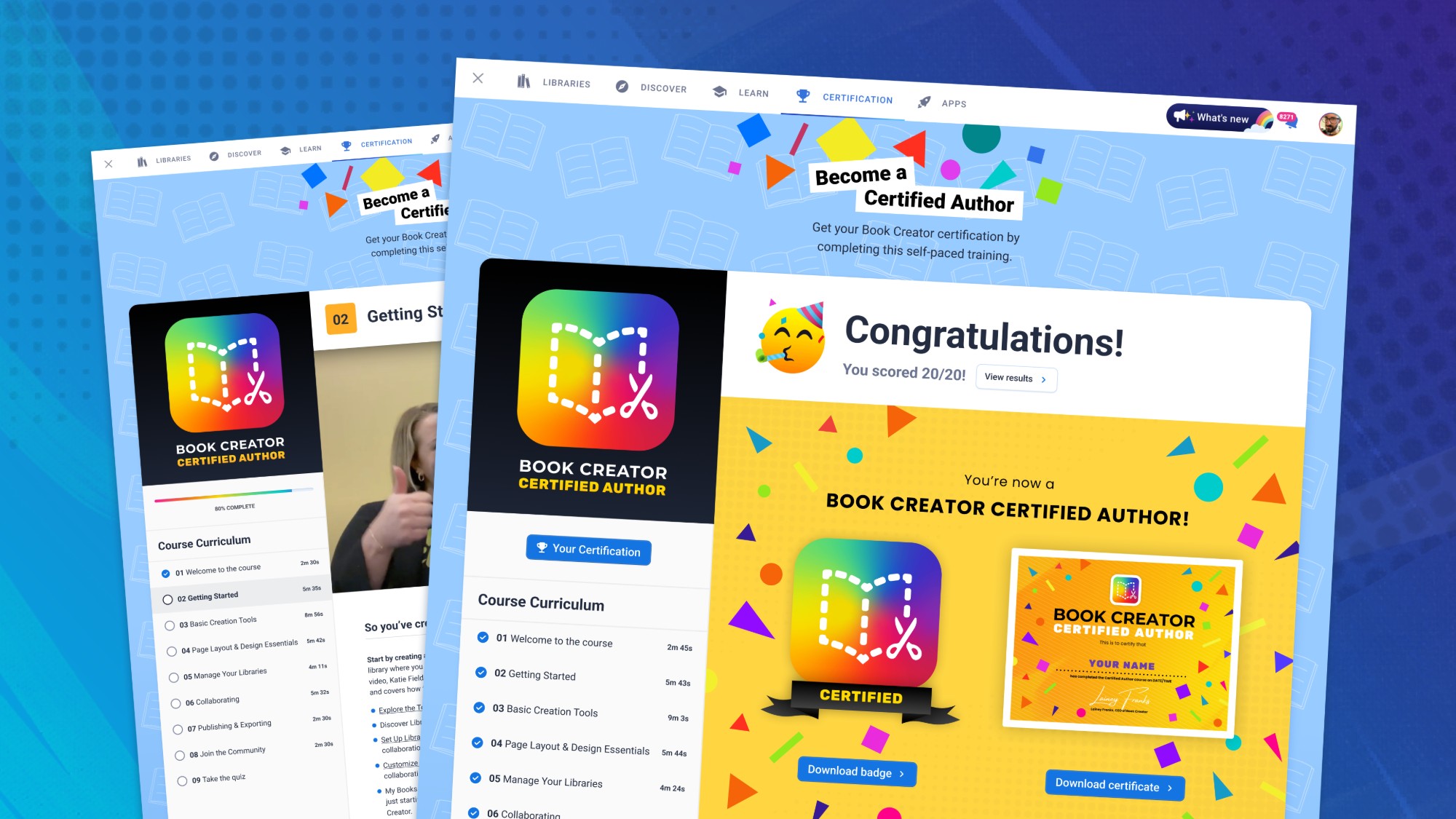 Book Creator Certification — browser mockup showing 'Become a Certified Author' landing and quiz success state