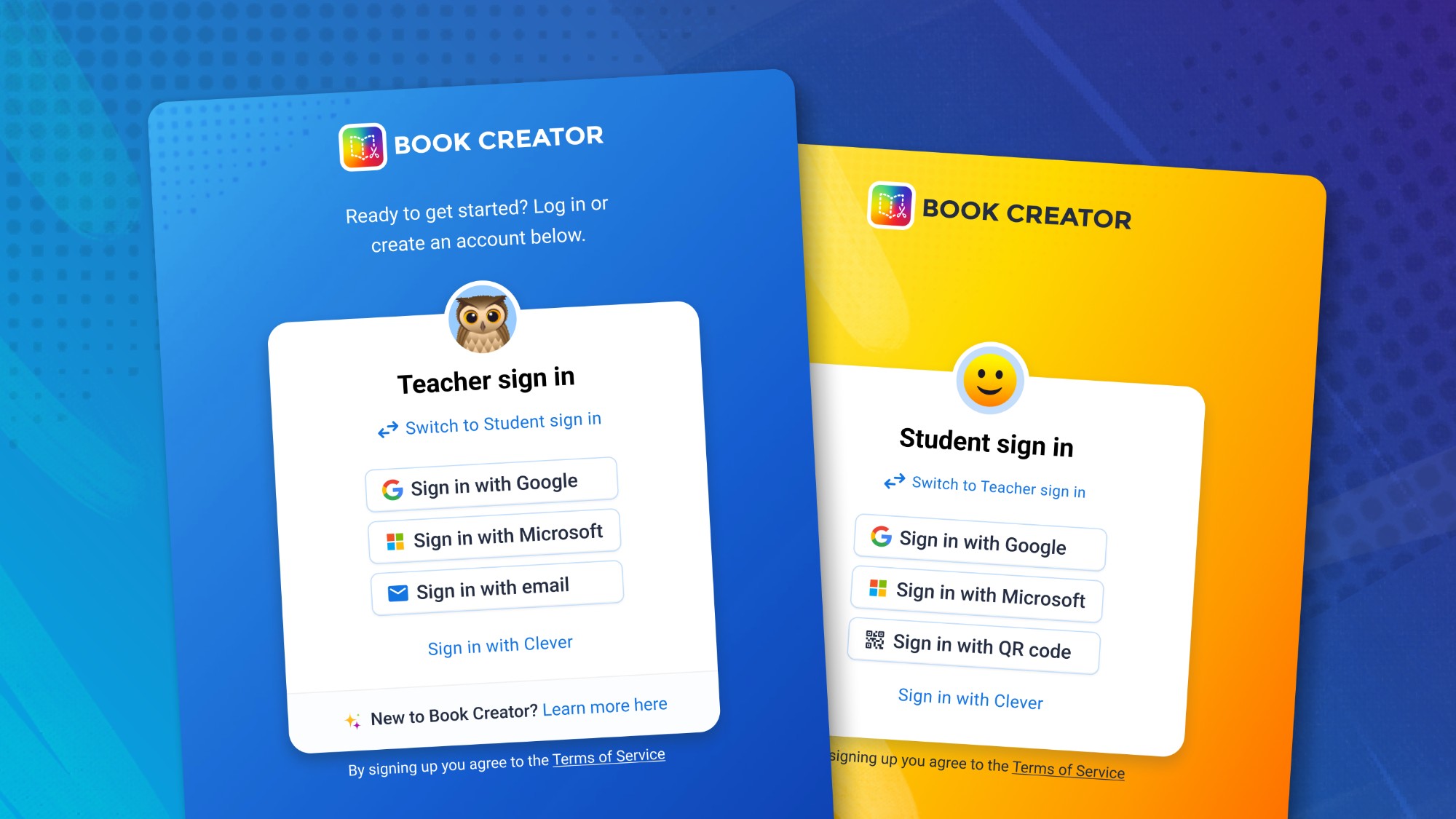 Overlapping sign-in cards: Teacher sign in on a blue background with an owl icon, and Student sign in on a yellow-orange background with a smiley icon, each showing Google, Microsoft, and other sign-in options