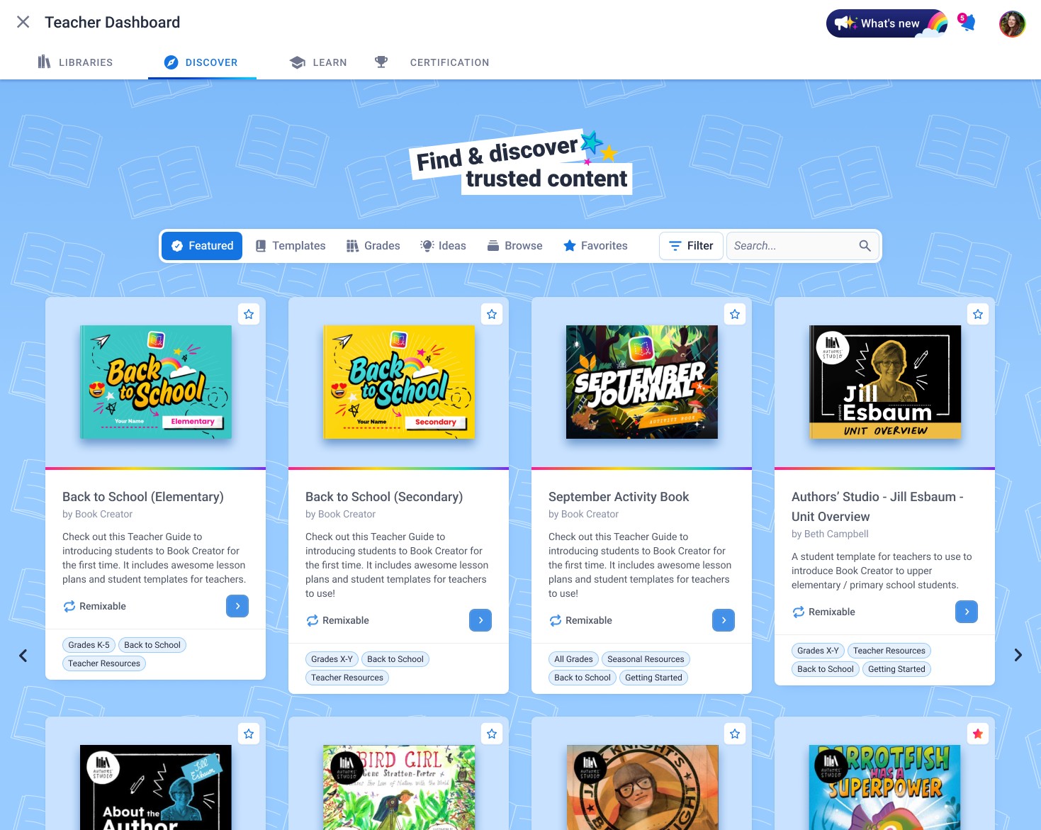 Discover feature — 'Find & discover trusted content' heading with Featured, Templates, Grades, Ideas, Browse, Favorites, and Filter tabs, showing a grid of Book Creator content cards