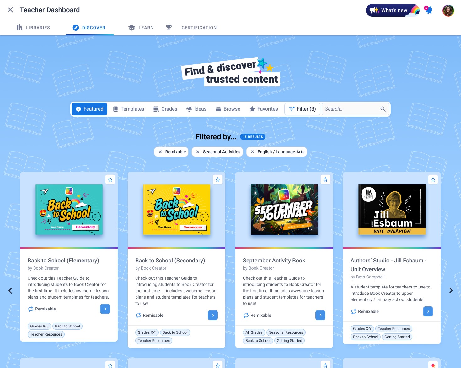 Discover with active filters showing 'Filtered by... Remixable, Seasonal Activities, English / Language Arts' with 15 results and the same content card grid