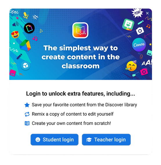 Discover login gate showing 'The simplest way to create content in the classroom' with Book Creator app icon, feature list, and Student login and Teacher login buttons