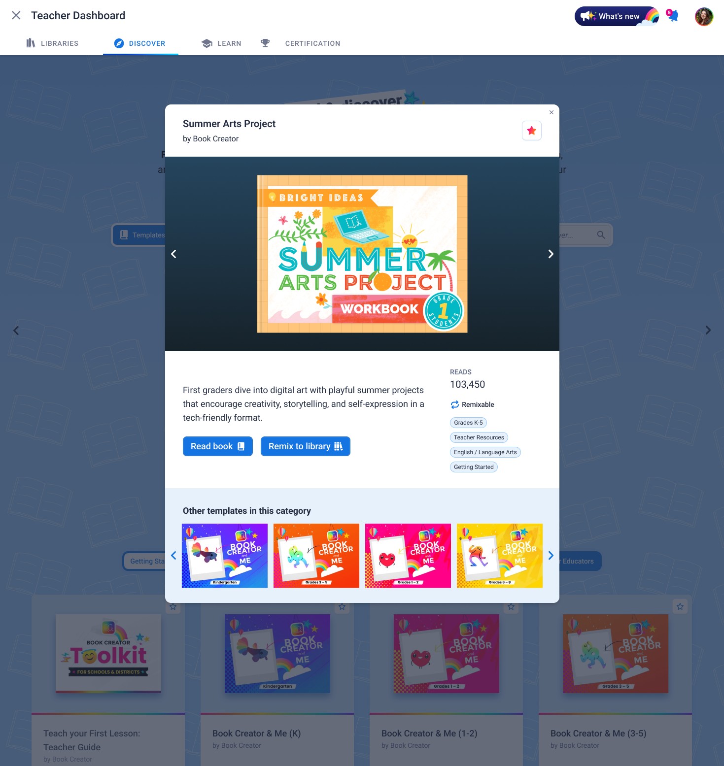 Discover book detail modal showing the Summer Arts Project with cover image, 103,450 reads counter, Remixable and grade tags, action buttons, and a 'Other templates in this category' carousel