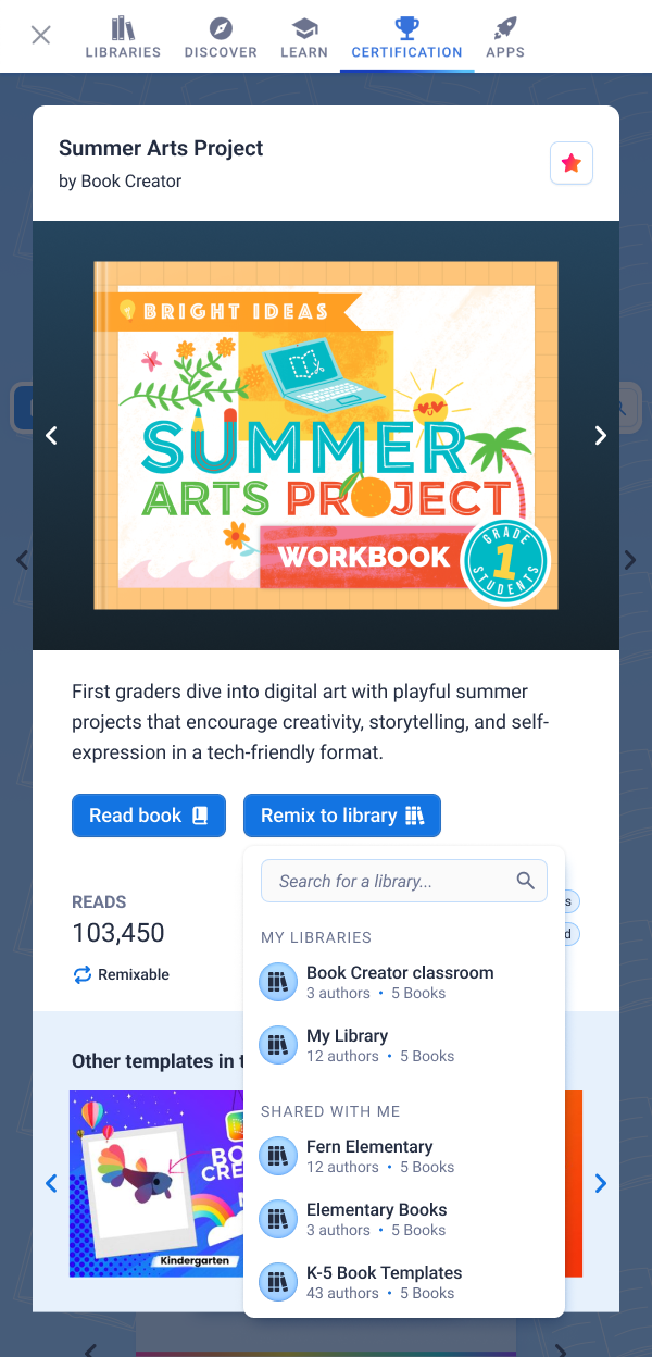 Discover book detail modal at compact viewport showing Summer Arts Project with condensed layout